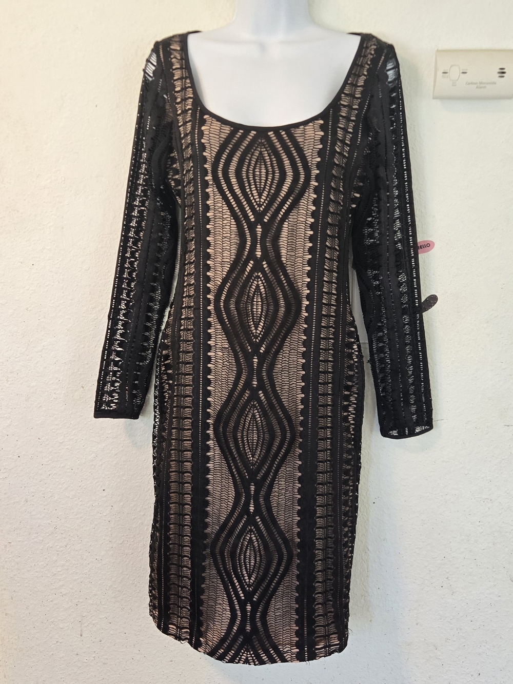 BCBGMaxAzria Black Lace Overlay Dress with Nude Underlay
